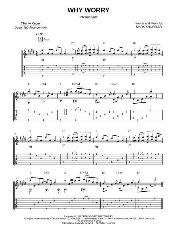 Why Worry Dire Straits Mark Knopfler Solo Guitar Tab Preview